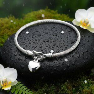 Cable Bangle Bracelet with Heart Charm 18K White Gold Plated Stainless Steel